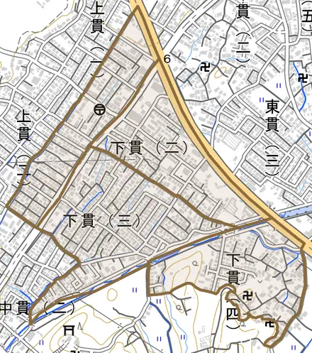 下貫とその周辺の地図。町の範囲を重ねている