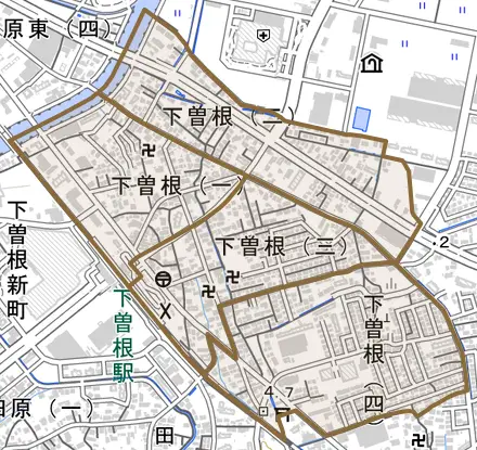 下曽根とその周辺の地図。町の範囲を重ねている