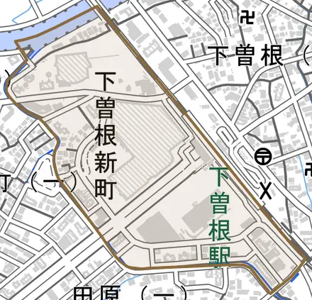 下曽根新町とその周辺の地図。町の範囲を重ねている