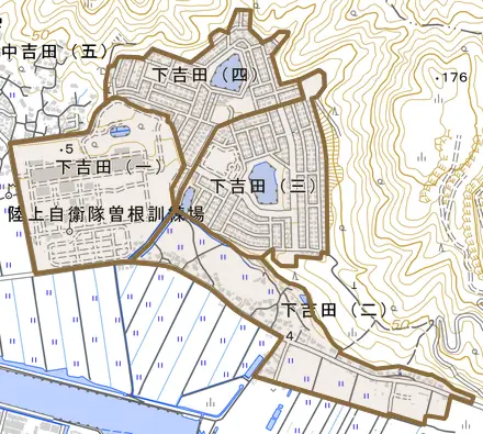 下吉田とその周辺の地図。町の範囲を重ねている