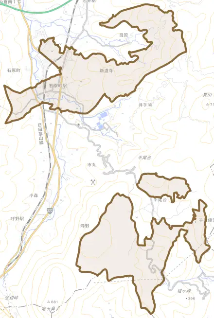 大字新道寺とその周辺の地図。町の範囲を重ねている