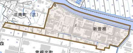 新曽根とその周辺の地図。町の範囲を重ねている