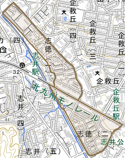 志徳とその周辺の地図。町の範囲を重ねている