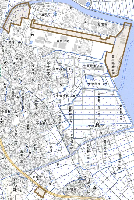 大字曽根とその周辺の地図。町の範囲を重ねている