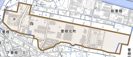 曽根北町とその周辺の地図。町の範囲を重ねている