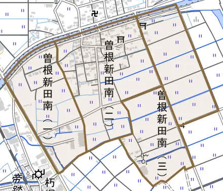 曽根新田南とその周辺の地図。町の範囲を重ねている