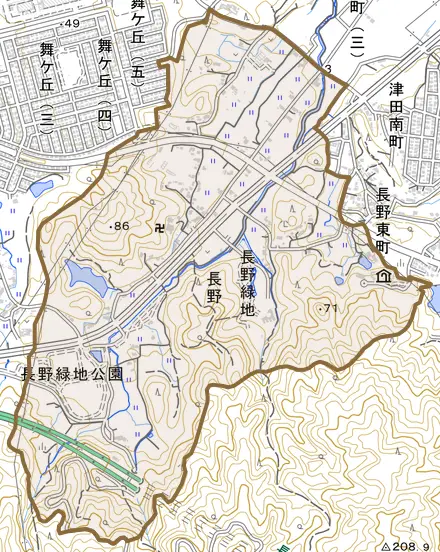 大字長野とその周辺の地図。町の範囲を重ねている