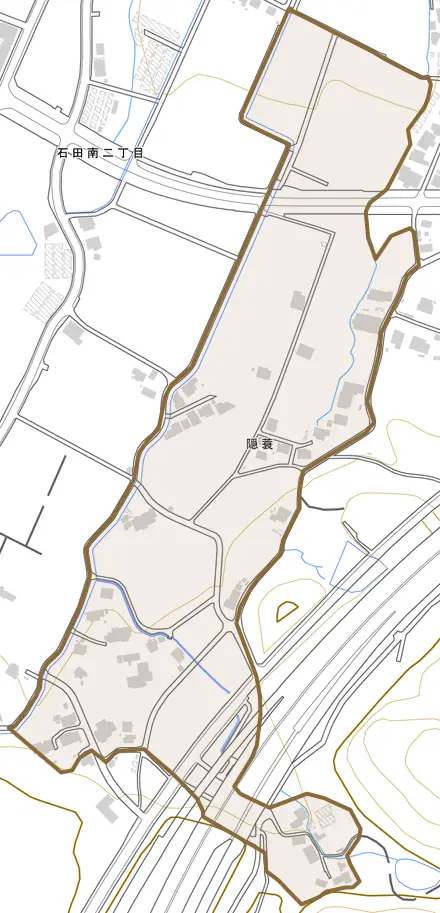 隠蓑とその周辺の地図。町の範囲を重ねている