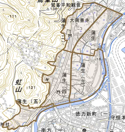 蒲生とその周辺の地図。町の範囲を重ねている