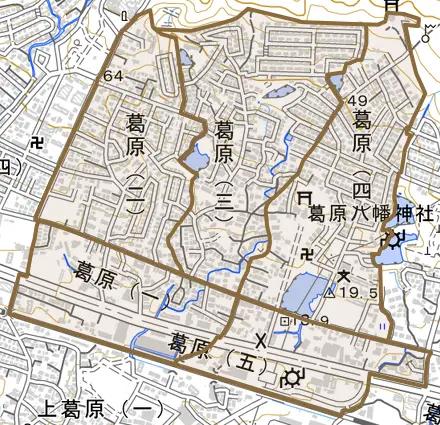 葛原とその周辺の地図。町の範囲を重ねている