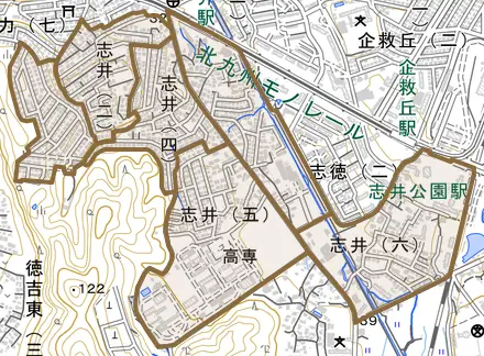 志井とその周辺の地図。町の範囲を重ねている