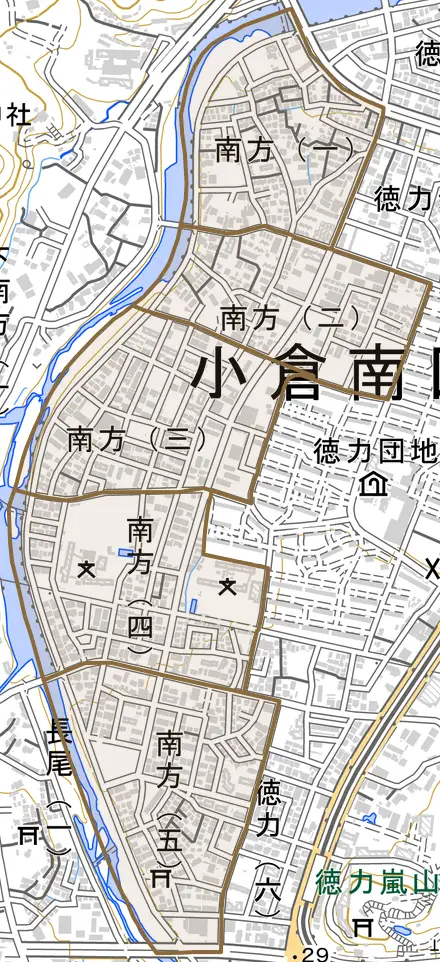 南方とその周辺の地図。町の範囲を重ねている