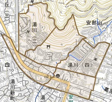 湯川とその周辺の地図。町の範囲を重ねている