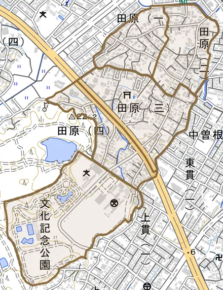 田原とその周辺の地図。町の範囲を重ねている