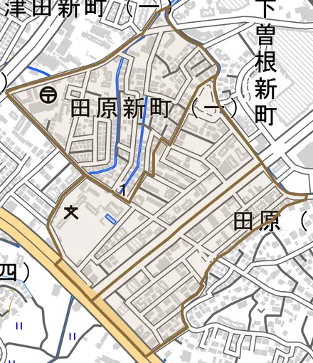 田原新町とその周辺の地図。町の範囲を重ねている