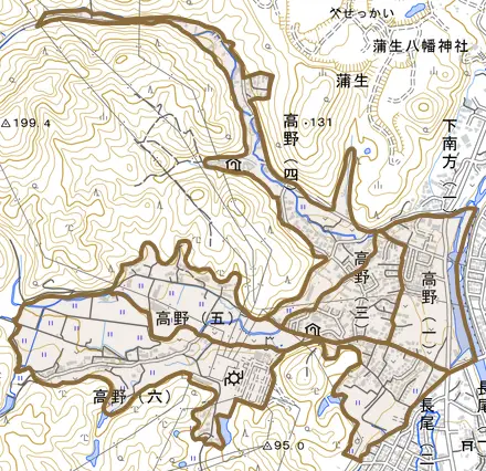 高野とその周辺の地図。町の範囲を重ねている
