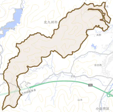 大字田代とその周辺の地図。町の範囲を重ねている