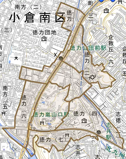 徳力とその周辺の地図。町の範囲を重ねている