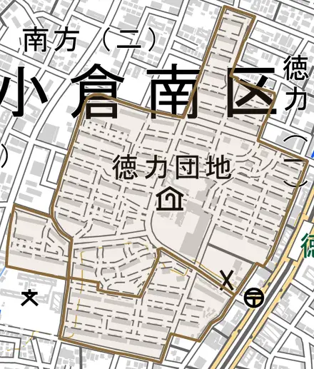 徳力団地とその周辺の地図。町の範囲を重ねている