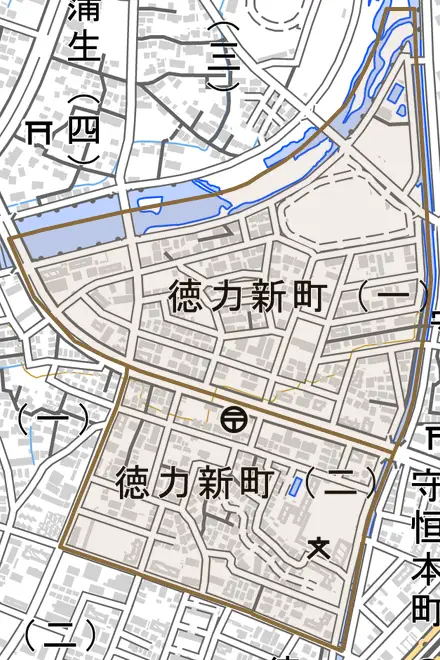 徳力新町とその周辺の地図。町の範囲を重ねている