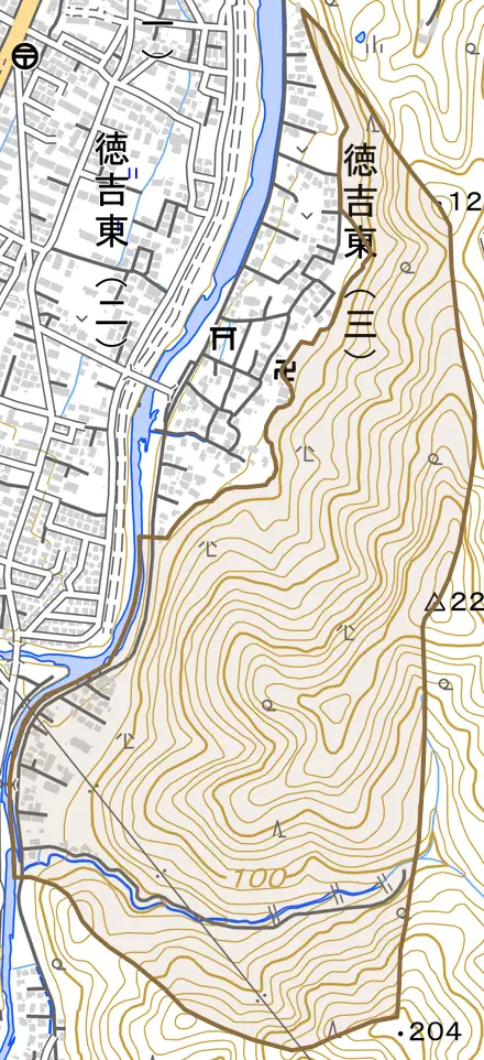 大字徳吉とその周辺の地図。町の範囲を重ねている
