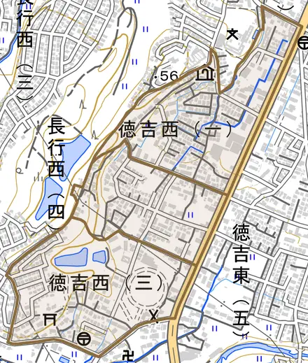 徳吉西とその周辺の地図。町の範囲を重ねている