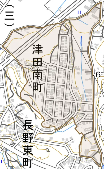 津田南町とその周辺の地図。町の範囲を重ねている