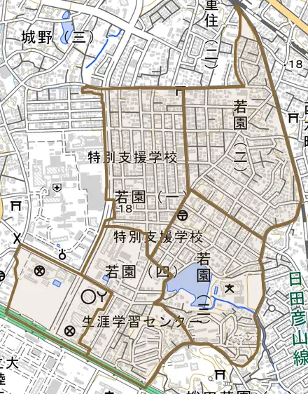 若園とその周辺の地図。町の範囲を重ねている