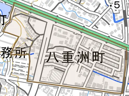 八重洲町とその周辺の地図。町の範囲を重ねている