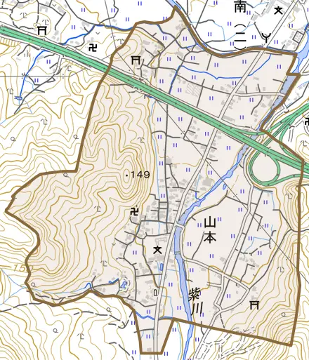 大字山本とその周辺の地図。町の範囲を重ねている