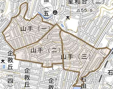 山手とその周辺の地図。町の範囲を重ねている