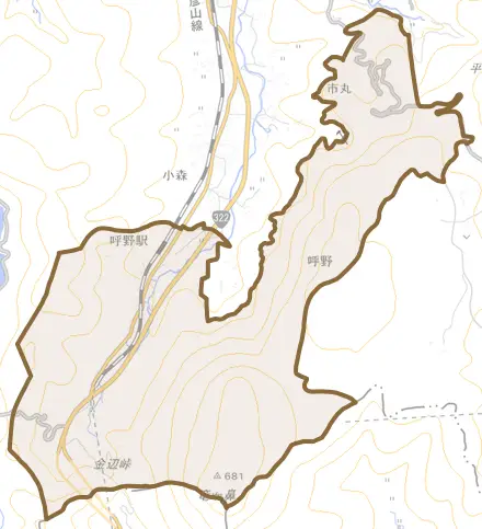 大字呼野とその周辺の地図。町の範囲を重ねている