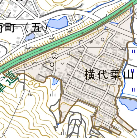 横代葉山とその周辺の地図。町の範囲を重ねている