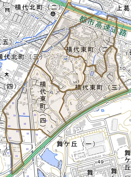 横代東町とその周辺の地図。町の範囲を重ねている
