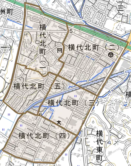 横代北町とその周辺の地図。町の範囲を重ねている