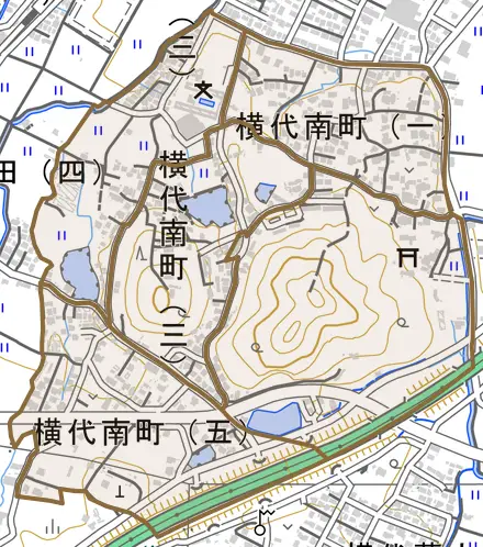 横代南町とその周辺の地図。町の範囲を重ねている