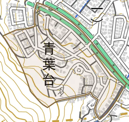 青葉台とその周辺の地図。町の範囲を重ねている