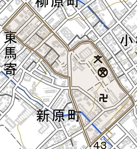 別院とその周辺の地図。町の範囲を重ねている