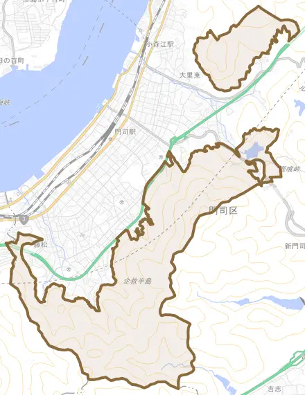 大字大里とその周辺の地図。町の範囲を重ねている