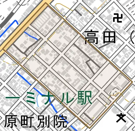 大里原町とその周辺の地図。町の範囲を重ねている