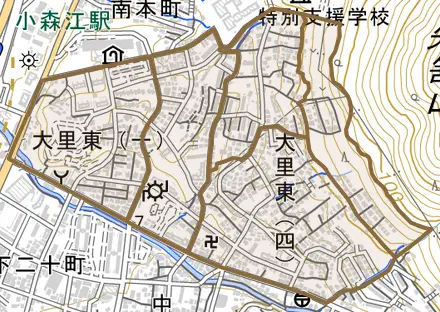 大里東とその周辺の地図。町の範囲を重ねている