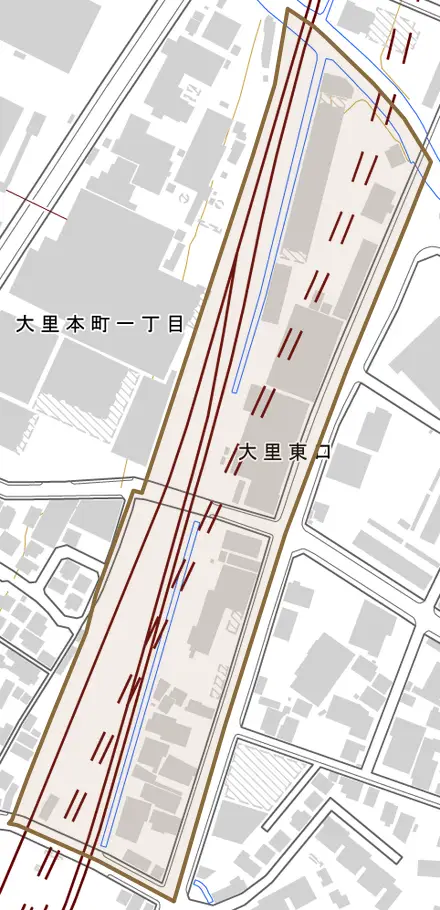 大里東口とその周辺の地図。町の範囲を重ねている