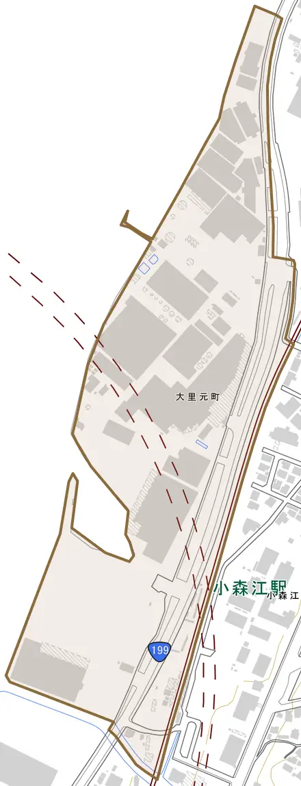 大里元町とその周辺の地図。町の範囲を重ねている