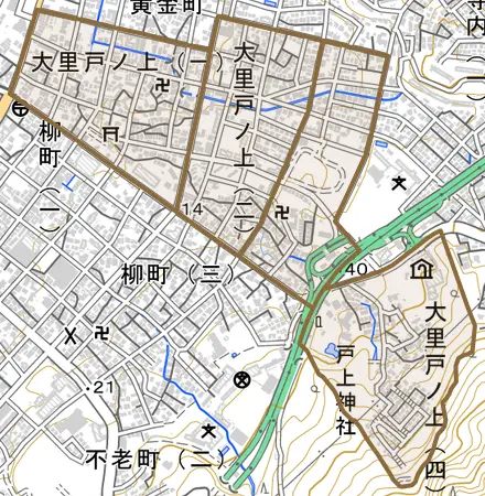 大里戸ノ上とその周辺の地図。町の範囲を重ねている
