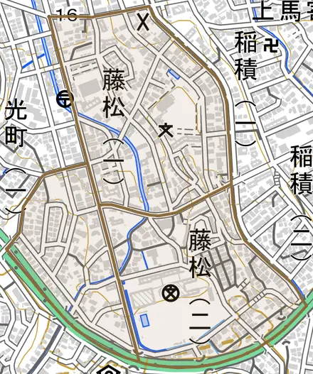 藤松とその周辺の地図。町の範囲を重ねている