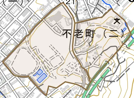 不老町とその周辺の地図。町の範囲を重ねている