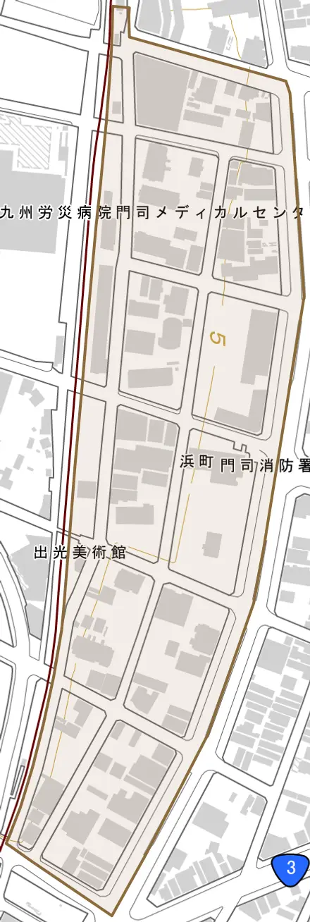 浜町とその周辺の地図。町の範囲を重ねている