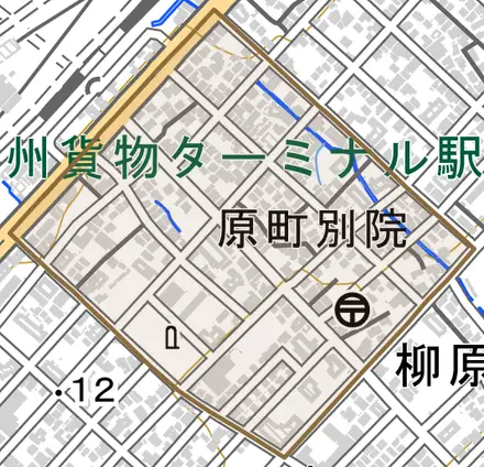 原町別院とその周辺の地図。町の範囲を重ねている
