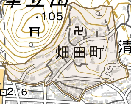 畑田町とその周辺の地図。町の範囲を重ねている