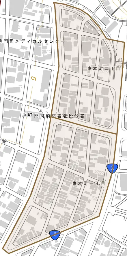 東本町とその周辺の地図。町の範囲を重ねている